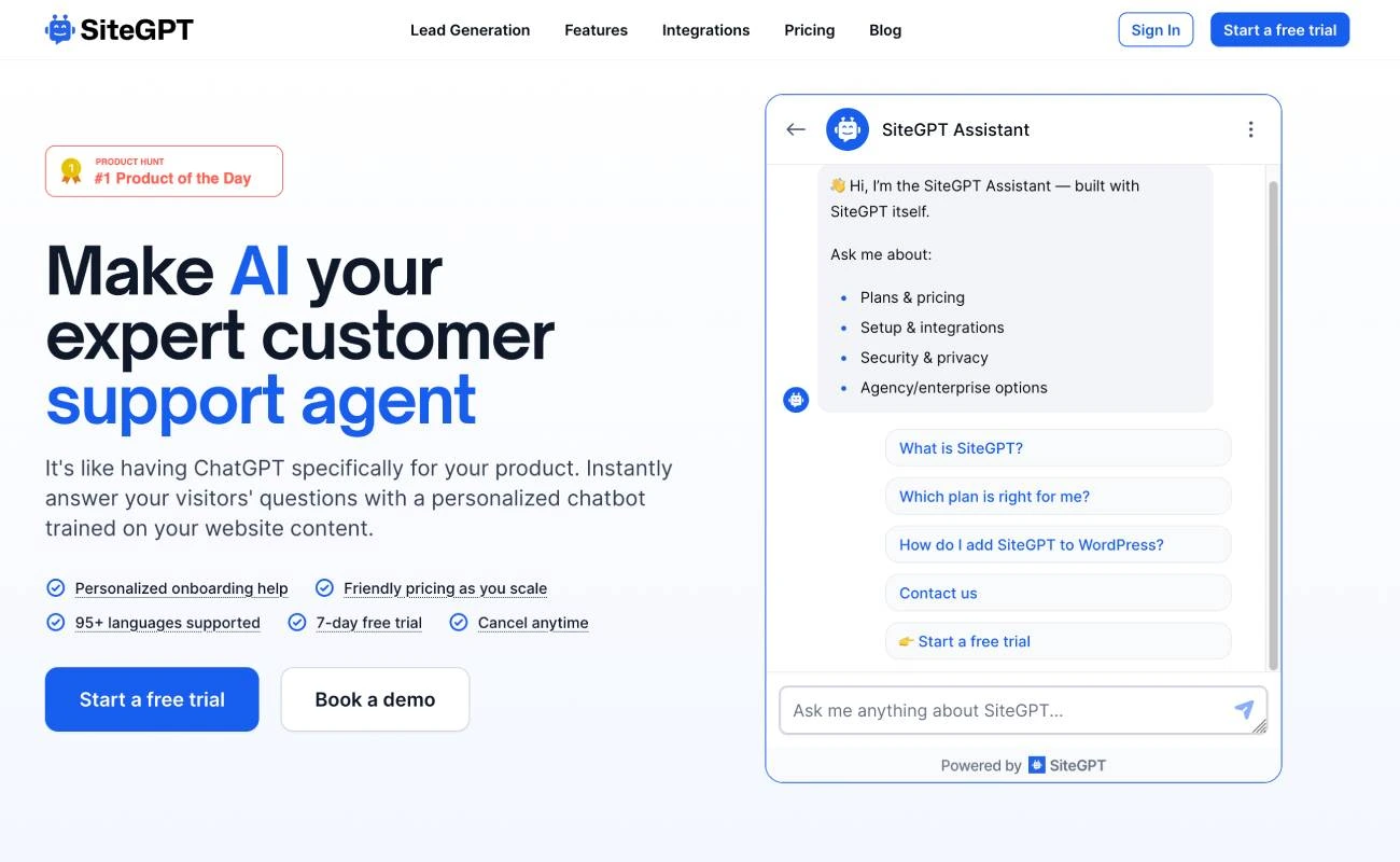 SiteGPT chatbot interface