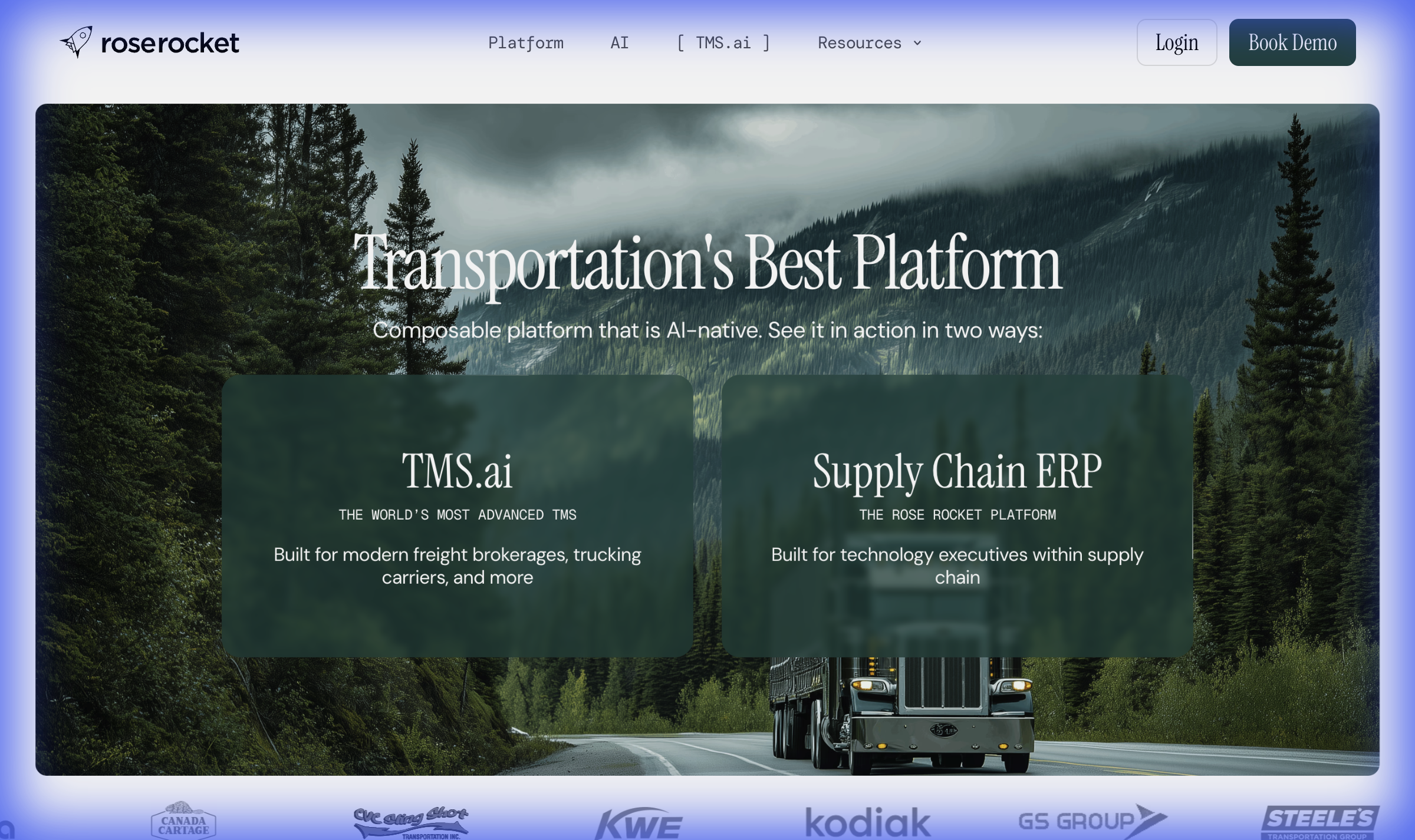Rose Rocket homepage showing AI-native transportation management platform